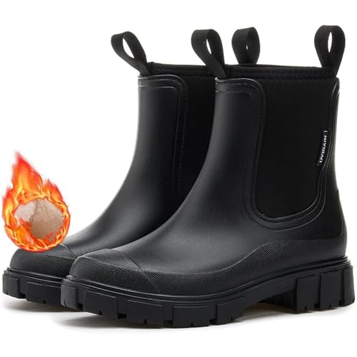 JIAALU Damen Gummistiefel Gefüttert wasserdichte Regenstiefel Warme Stiefeletten rutschfest Regenschuhe Gummistiefeletten Gartenschuhe von JIAALU