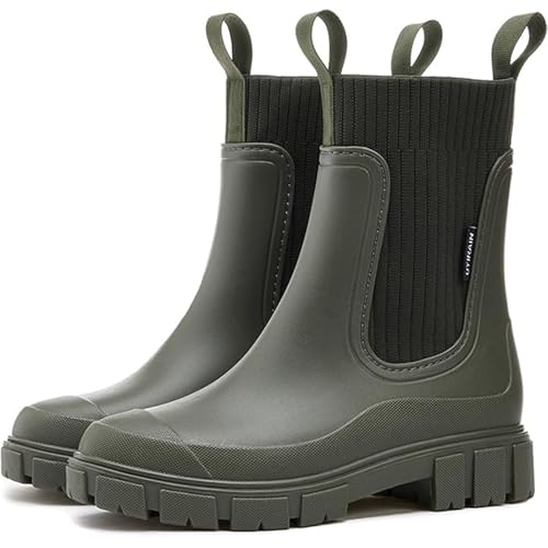 JIAALU Damen Gummistiefel Halbhohe Regenstiefel Ankle Wasserdicht Gartenschuhe Chelsea Boots Stiefeletten mit rutschfest Sohle von JIAALU