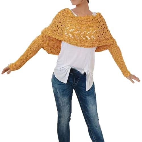 JIABAOZ Gestrickter Zopfwickel, Bolero für Damen, Gestrickter Wickel,Gestrickter Schal mit Ärmeln für Damen, Modischer Eleganter Schal für Damen (Yellow) von JIABAOZ