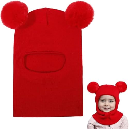 JIABAOZ Kinder Schlupfmütze Winter, Mütze Kinder Mädchen Schlupfmütze, Wintermütze Mädchen Jungen Warm Strickmütze mit Pompom,Warm Niedlich Bär Wintermütze, Kleinkind Baby Schalmütze (Red) von JIABAOZ