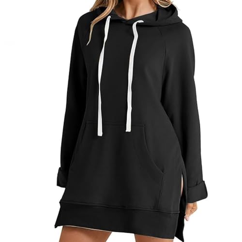 JIABAOZ Oversize Kapuzenkleid für Damen, Casual Hoodie für Damen, Langarm Pullover Kleid mit Schlitzsaum und Kordelzug, Sweatshirt Kleid für Damen (Black,XL) von JIABAOZ