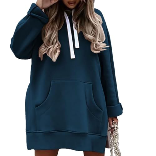 JIABAOZ Oversize Kapuzenkleid für Damen, Casual Hoodie für Damen, Langarm Pullover Kleid mit Schlitzsaum und Kordelzug, Sweatshirt Kleid für Damen (Blue,L) von JIABAOZ