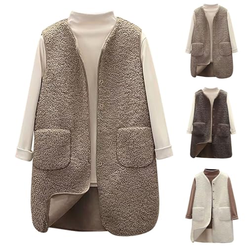 Teddy Fleece Weste Damen Lang, Teddy Fleece Weste, Leichte Ärmellos Weste Fleeceweste, Bequem Einfarbig Plüsch Weste Lang Jacke, Herbst Winter Warm Ärmellos Westen (XXL,Khaki) von JIABAOZ