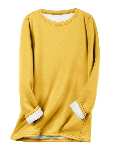 JIALING Damen-Sweatshirt Mit Rundhalsausschnitt Und Fleecefutter, Lässige Warme Oberteile Für Den Herbst, Loungewear, Warme, Dicke Langarm-Oberteile Für Den Winter (Yellow,M) von JIALING