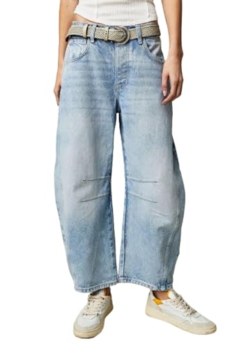 JIALING Leopard Barrel Jeans Women, Women's Baggy Barrel Jeans Casual, Vintage Loose Wide Leg Jeans Cropped Denim Pants (S,Light Blue) von JIALING