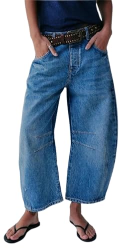 JIALING Leoparden-Jeans Für Damen, Baggy-Jeans Für Damen, Lässige Vintage-Jeans Mit Weitem Bein, Verkürzte Jeanshose (L,Blue) von JIALING