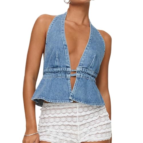 JIALING Sexy Tiefer V-Ausschnitt Neckholder-Jeans-Tanktop für Damen, zum Binden Vintage Sexy Streetwear ärmellos Offener Rücken Bauchfreies Top (XL,Blue) von JIALING