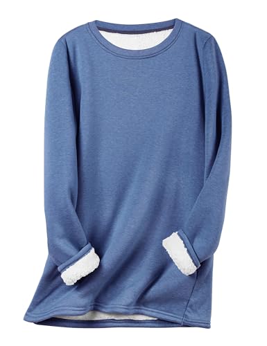 JIALING Women's Fleece Lined Crewneck Sweatshirt, Fall Casual Warm Tops Sweatshirt Pullover Loungewear, Winter Warm Thick Long Sleeve Tops (Blue,XL) von JIALING