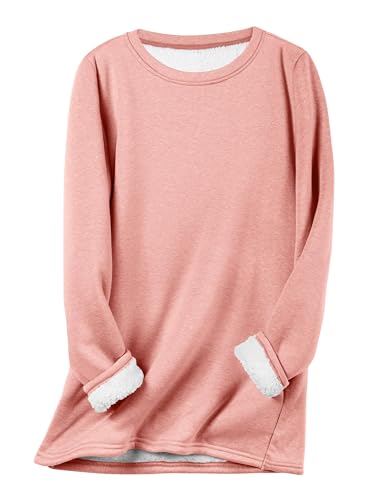 JIALING Women's Fleece Lined Crewneck Sweatshirt, Fall Casual Warm Tops Sweatshirt Pullover Loungewear, Winter Warm Thick Long Sleeve Tops (Pink,XXL) von JIALING