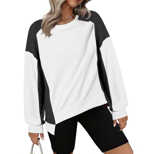 JIALING Women's Sweatshirts Crewneck Long Sleeve Tunic, Colorblock Crew Neck Long Sleeve Sweatshirt, Oversized Color Block Pullover Fall Clothes (M,White) von JIALING