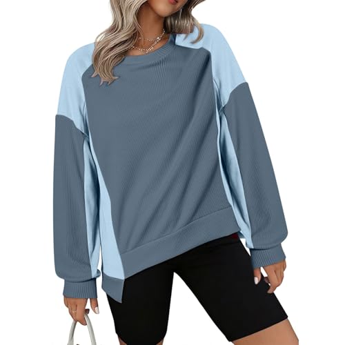 JIALING Women's Sweatshirts Crewneck Long Sleeve Tunic, Colorblock Crew Neck Long Sleeve Sweatshirt, Oversized Color Block Pullover Fall Clothes (XL,Blue) von JIALING