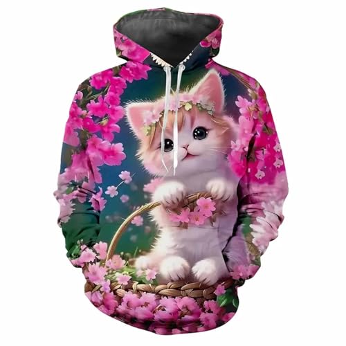 JIEDEDIAM Niedlicher Blumen-Tier-Katze-Frühling und Herbst, 3D-Gedruckter Kapuzenpullover für Männer und Frauen, Outdoor-Camping-Kleidung, Unisex-Hoodie-Jacke von JIEDEDIAM