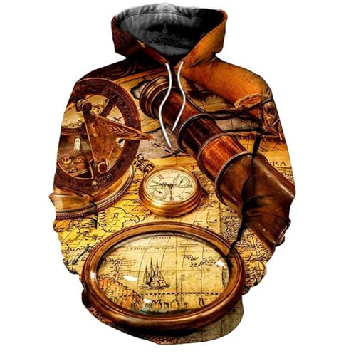 JIEDEDIAM Retro Nautical Map Compass Herren Kapuzenpullover 3D-Druck Lässiger Kapuzenpullover Übergroße Kleidung Hip Hop Harajuku Kapuzenpullover von JIEDEDIAM