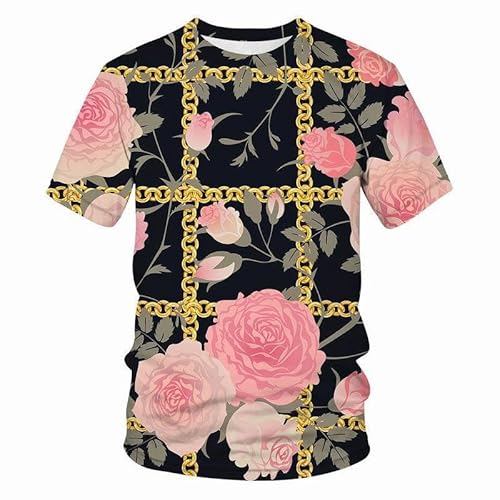 JIFENLI Herren 3D Druck T-Shirt Sommer Retro Kette Blume Unisex 3D Digital Gedruckt T-Shirt Rundhals Kurzarm Lose Halbe Hülse Stretch Atmungsaktive Top von JIFENLI