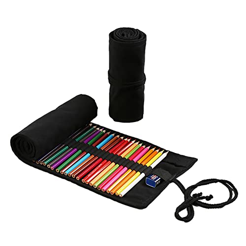 JIHUOO Segeltuch Aufrollen Stifttasche 36 Löcher Bleistift Tasche Faltbare Federmäppchen Stiftemappe Stifterolle Stifteetui für Reisen Schwarz von JIHUOO