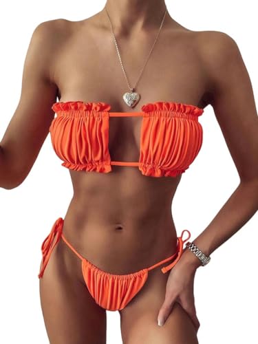 JINGBDO Bikini-Setruched Badebode Damen Badebode Women's Mini Thong Bikini Sets Badebekleidung Strandwege Sexy Riemchen Bikini-Orange-S von JINGBDO