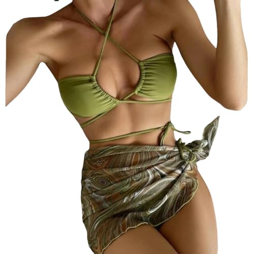 JINGBDO Bikini-Setsexy Rückenless Thong Bikini 3 Stück Festkörperbikini Mit Gedrucktem Rock Frauen Verband Badebekleidung Plus Size-Grün-S von JINGBDO