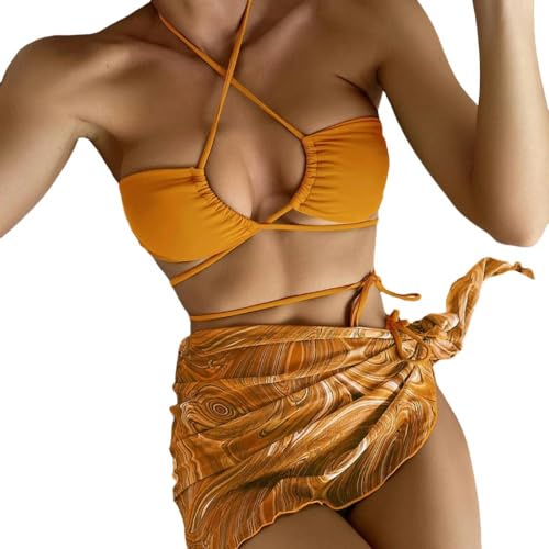 JINGBDO Bikini-Setsexy Rückenless Thong Bikini 3 Stück Festkörperbikini Mit Gedrucktem Rock Frauen Verband Badebekleidung Plus Size-Orange-M von JINGBDO