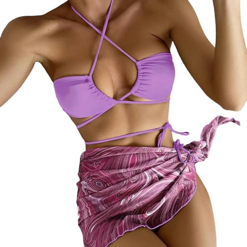 JINGBDO Bikini-Setsexy Rückenless Thong Bikini 3 Stück Festkörperbikini Mit Gedrucktem Rock Frauen Verband Badebekleidung Plus Size-Violett-L von JINGBDO