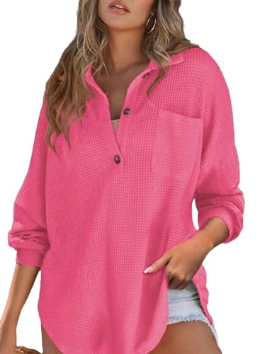 JINGBDO Damen Langarm Damen-T-Shirts Herbst Und Winter Lässige, Solide Gestrickte Top-Frauen-Rosenrot-L von JINGBDO