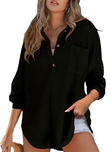 JINGBDO Damen Langarm Damen-T-Shirts Herbst Und Winter Lässige, Solide Gestrickte Top-Frauen-Schwarz-S von JINGBDO