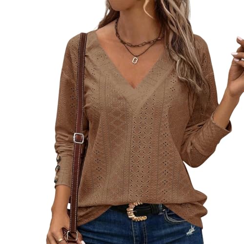 JINGBDO Damen Langarm Damen Tops Casual V Neck Langarm Hohlhemden Tops Für Frauen Tops Für Frauen Tops-Kaffee-XXL von JINGBDO