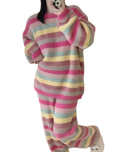 JINGBDO Damen Nachtwäsche Aus Plüschregenbogenfarbe Gestreifter Pyjama Koralle Frauen Winter Flanellpyjama Dicke Plüsch -Strick -Hauswear -Pyjamas-Bunt-XL von JINGBDO