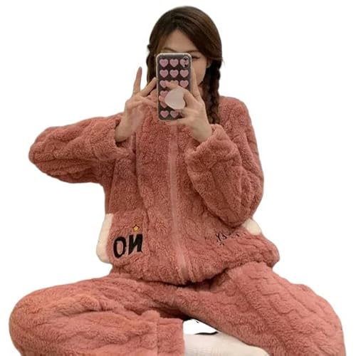 JINGBDO Damen Nachtwäsche Aus Plüschweicher Frauenwinterpyjamas Mit Reißverschluss Und Wasser Breiter Pyjamas Transfrontier Pyjamas New Long Sleeve Style Corispal Für Das Haus-Rosa-XL von JINGBDO