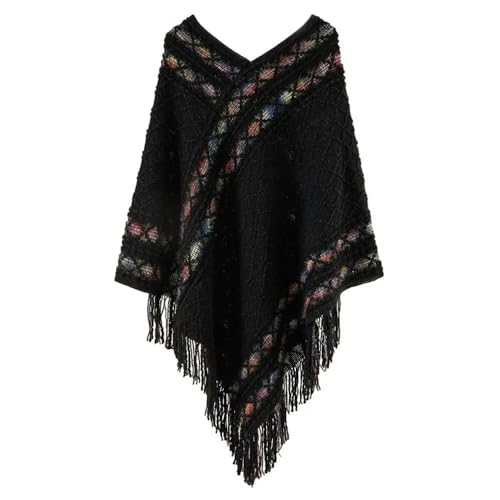 JINGBDO Damen Schals Und Tücher Weich Gestrickte Weichen Rhombisch Streifen Tassel Schalmantel Overtays Stricken Wraps-Schwarz von JINGBDO