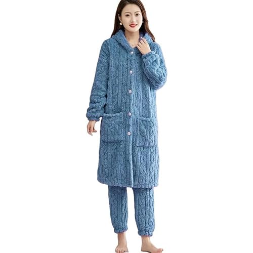 JINGBDO Schlafanzug Damen Übergroße Winterdickte Frauen Pyjamas Setzen Warm Warmes Fleece -Nachtwäsche Pijamas Anzug An Losen Heimkleidung-Blau-XXL von JINGBDO