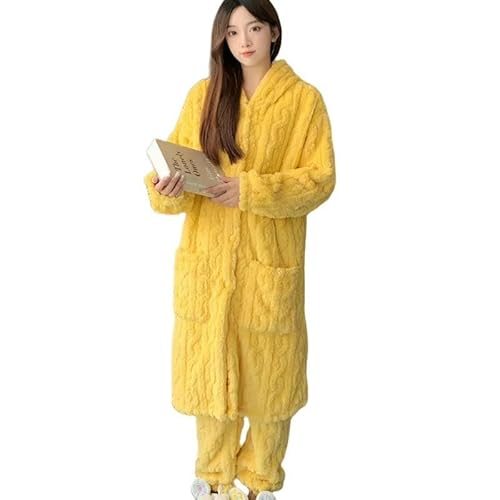 JINGBDO Schlafanzug Damen Übergroße Winterdickte Frauen Pyjamas Setzen Warm Warmes Fleece -Nachtwäsche Pijamas Anzug An Losen Heimkleidung-Gelb-L von JINGBDO