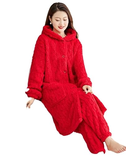 JINGBDO Schlafanzug Damen Übergroße Winterdickte Frauen Pyjamas Setzen Warm Warmes Fleece -Nachtwäsche Pijamas Anzug An Losen Heimkleidung-Rot-L von JINGBDO