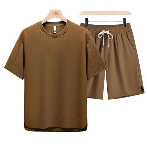 JINGBDO Sportliche Anzüget-Shirt Herrenanzug Shorts Anzug Plus Schnelle Trockene Seide Kurzarm Sommer T-Shirt Fashion Sportswear Loose Edition-Kaffee-L (60-70 Kg) von JINGBDO