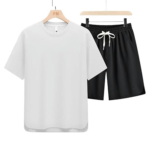 JINGBDO Sportliche Anzüget-Shirt Herrenanzug Shorts Anzug Plus Schnelle Trockene Seide Kurzarm Sommer T-Shirt Fashion Sportswear Loose Edition-Weiß-M (50-60 Kg) von JINGBDO