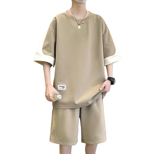 JINGBDO Sportliche Anzügeübergroße Sportbekleidung Männer 8XL T-Shirt Shorts Set Short Sportswear Männer Zweiteiliger Sommer Streetwear Herrenkleidung-Khaki Tz8815-8Xl Für 135-145 Kg von JINGBDO