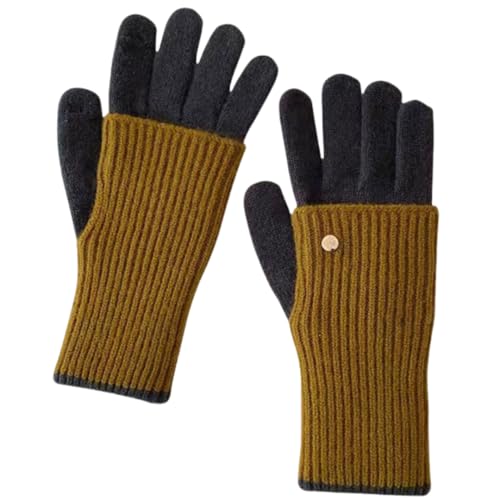 JINZIJINYU Damen Strickhandschuhe Mit Zopfstrickmuster Doppellagige Farbblockierende Handschuhe Für Damen Mit Touchscreen Fingerlose Verdickte Fünf Finger Fahrradhandschuhe Für Den Winter Gelbgrau von JINZIJINYU