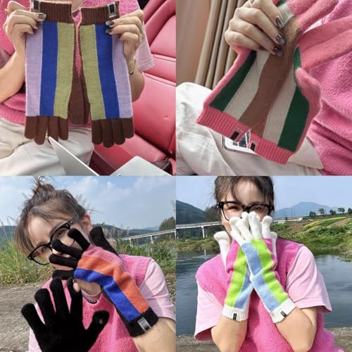 JINZIJINYU Damen Strickhandschuhe Mit Zopfstrickmuster Winter Fingerhandschuhe Mit Kontrastierenden Fingern Bunte Vertikale Streifen Herren Touchscreen Laufhandschuhe Kaffeefarbe von JINZIJINYU