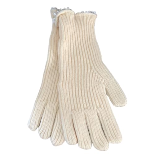 JINZIJINYU Damen Warm Winter Gefüttert Fingerlose Wollhandschuhe Mit Perlenbesatz Winterliche Fingerlose Rad Und Laufhandschuhe Gebrochenes Weiß von JINZIJINYU