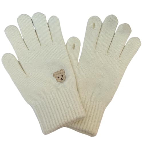 JINZIJINYU Damen Winter Strickhandschuhe Thermo Gestickte Bärenhandschuhe Winterhandschuhe Für Erwachsene Touchscreen Verdickte Kältebeständige Handschuhe Cremefarben von JINZIJINYU