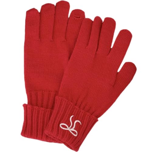 JINZIJINYU Damen Winter Strickhandschuhe Thermo Mittellange Winter Falthandschuhe Mit Schleifenstickerei Einfarbige Winter Wollhandschuhe Rot von JINZIJINYU