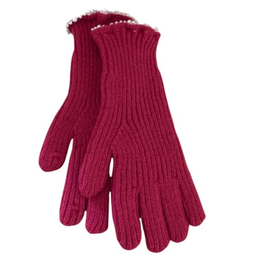 JINZIJINYU Damen Winterhandschuhe Fingerlose Wollhandschuhe Mit Perlenbesatz Winterliche Fingerlose Rad Und Laufhandschuhe Rot von JINZIJINYU