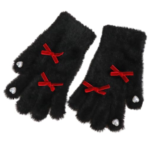 JINZIJINYU Handschuhe Strick Damen Pearl Love Fingerlose Handschuhe Aus Nerz Samt Mit Doppelter Schleife Winter Plüsch Touchscreen Handschuhe Schwarz Und Rot von JINZIJINYU