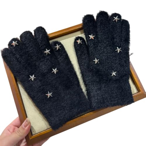 JINZIJINYU Handschuhe Strick Damen Street Punk Style Star Rivet Nerzhaarhandschuhe Herren Winter Paar Fahrradhandschuhe Schwarz von JINZIJINYU