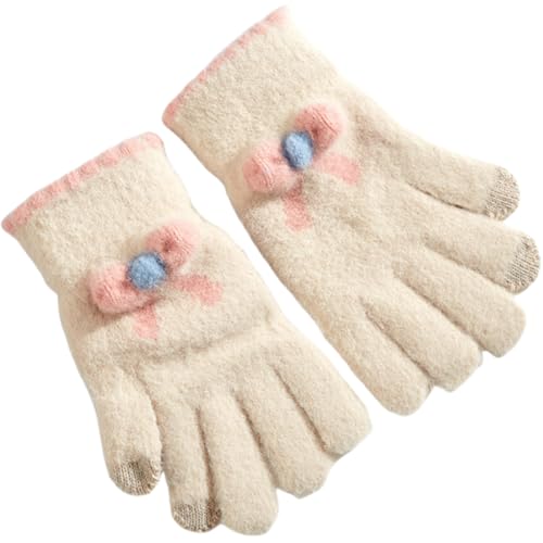 JINZIJINYU Handschuhe Strick Damen Touchscreen Handschuhe Mit Schleifenknoten Für Damen Winter Woll Fünffinger Fahrradhandschuhe Beige von JINZIJINYU