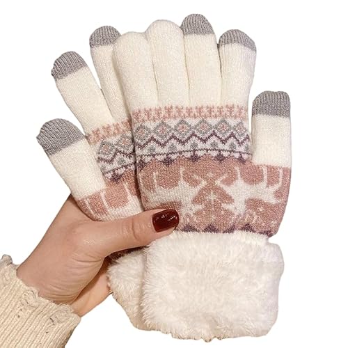 JINZIJINYU Handschuhe Strick Damen Winter Touchscreen Rehkitz Handschuhe Verdickt Kältebeständig Fahrradhandschuhe Tasche Weiß von JINZIJINYU