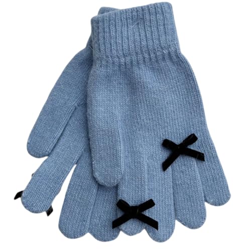 JINZIJINYU Strickhandschuhe Damen Plüschhandschuhe Mit Schleifenknoten Winter Kältebeständig Radfahren Skihandschuhe Blau von JINZIJINYU