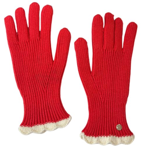 JINZIJINYU Strickhandschuhe Für Damen Spitze Kontrastierende Fingerhandschuhe Winter Touchscreen Fünf Finger Fahrrad Und Laufhandschuhe Rot von JINZIJINYU