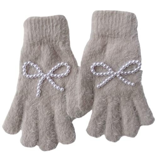 JINZIJINYU Strickhandschuhe Thermohandschuhe Pearl Bow Handschuhe Damen Winter Plüsch Fünf Finger Kälteschutz Kurzhandschuhe Beige von JINZIJINYU