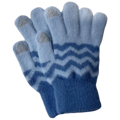 JINZIJINYU Strickhandschuhe Thermohandschuhe Touchscreen Handschuhe Für Erwachsene Damen Verdicktes Wellenmuster Fünf Finger Nerz Samt Fahrradhandschuhe Hellblau von JINZIJINYU