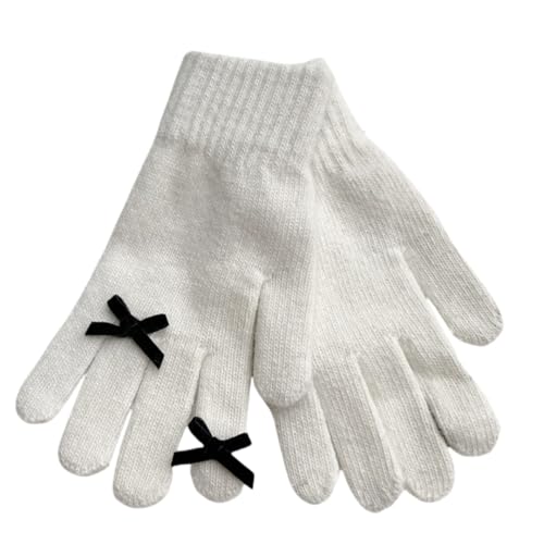 JINZIJINYU Thermo Winterhandschuhe Winter Bow Handschuhe Damen Radfahren Touchscreen Fünf Finger Radfahren Skihandschuhe Beige von JINZIJINYU